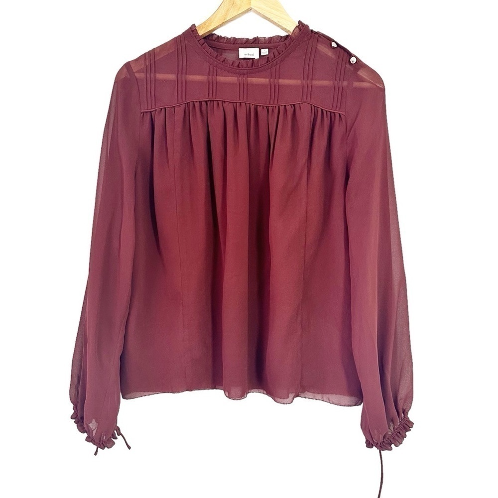 Aritzia Wilfred Deep Burgundy Lourdes Ruffled Crew Neck Blouse Size S